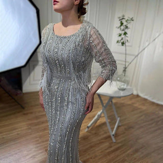 Dubai Grey Diamond Mermaid Long Sleeves Beaded Luxury Evening Gown - Perfect for Women's Party