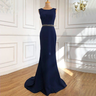 Navy Blue Satin Mermaid Elegant Evening Gown 2024 - Beaded Shawl Yarn Sexy Dress for Women's Party