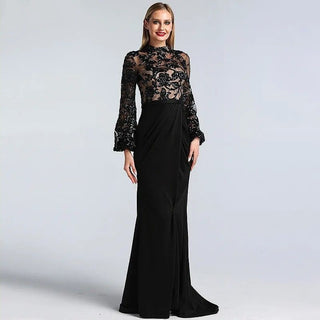 Black Long Sleeves Mermaid Evening Dress - High Neck Sequined Illusion Formal Gown for 2024