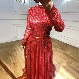 Chic Wine Red Muslim Luxury A-Line Evening Dress - 2024 Sparkle Beaded Gown for Women's Party