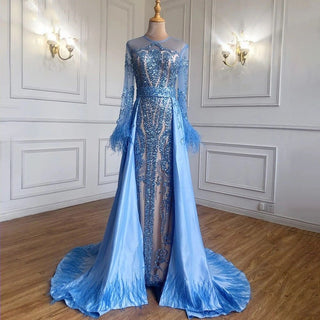 Blue Muslim Evening Dress: Detachable Skirt, Feathers, Beaded Luxury, and Mermaid Silhouette for Women's Party in 2024