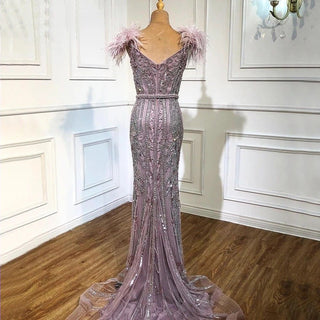 Lilac Luxury Mermaid Evening Gown 2024: Elegant Feathers, Beaded for Women's Party