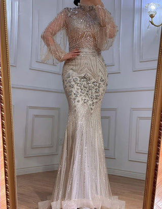 Ships in 1 to 3 Days - Silver Mermaid Luxury Evening Dress with Full Sleeves - Beaded Elegant Gown for Women Party 2024