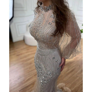 Ships in 1 to 3 Days - Silver Mermaid Luxury Evening Dress with Full Sleeves - Beaded Elegant Gown for Women Party 2024