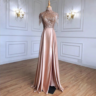 Golden Glamour: A-Line High Neck Sparkle Evening Dress with Tassel Beading