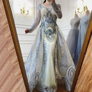 Muslim Gold Evening Gown 2024 with Overskirt - Luxury Lace, Beaded, Crystal Details for Women's Parties