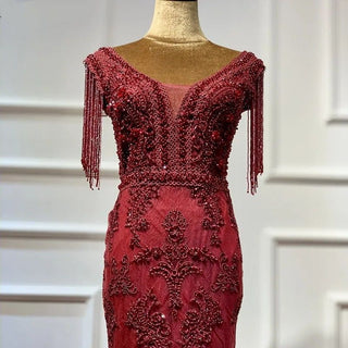 Burgundy Luxury Beaded Tassels Evening Gown 2024 Sexy V-Neck Sleeveless Formal Party Dress for Women