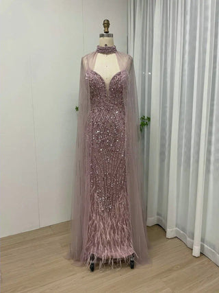 Ships in 1 to 3 Days - Stunning Champagne Mermaid Evening Dress - Luxury V-Neck Beaded Feathers with Cape Sleeves for Women’s Wedding Parties in Dubai