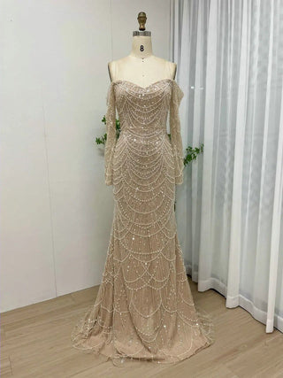 Dubai Luxury Beaded Off-Shoulder Mermaid Evening Dress - Arabic Elegant Strapless Long Sleeves Gown for Weddings and Prom