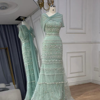 Sage Green Beaded Mermaid Evening Gown with Long Back Cape