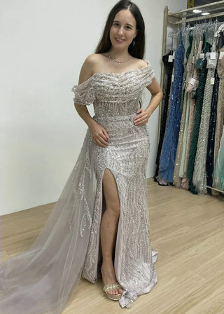 Champagne Off-Shoulder Sequined Mermaid Evening Dress - Elegant Wedding Guest Gown with High Slit for Women’s Parties in Dubai