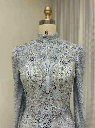 Luxury Beaded High Neck Long Sleeves Evening Dress - Elegant Blue Mermaid Party Gown for Wedding Guests