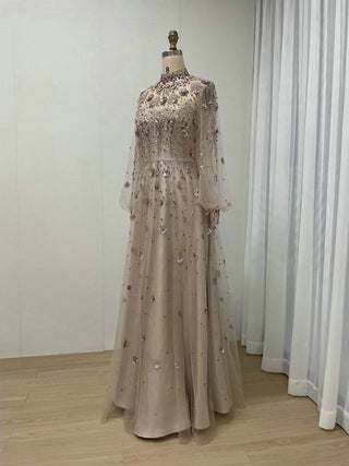 Muslim High Neck Long Sleeve Champagne Evening Dress - Gorgeous A-Line Beaded Mother of the Bride Gown