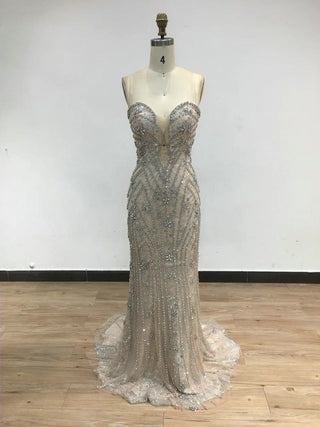 Champagne Mermaid Sleeveless Evening Gown - Luxury Strapless Backless Beaded Prom Dress for Wedding Parties in Dubai