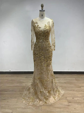 2024 Gold Sheer Long Sleeves Mother of the Bride Dress - Elegant Beaded Mermaid Floral Gown for Weddings and Prom Parties