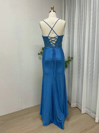 Blue Spaghetti Straps Mermaid Evening Gown - Simple High Split Beaded Satin Prom Dress with Lace-Up Back for Birthday Parties