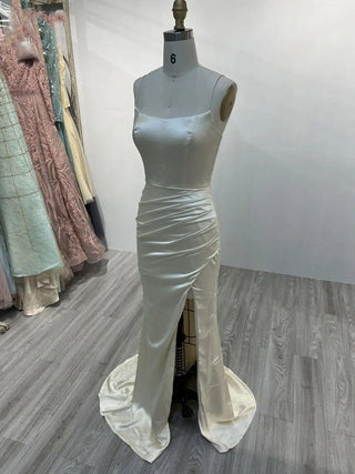 Cream Satin Mermaid Evening Gown - Sexy Split Dress with Spaghetti Straps for Wedding Guests and Parties