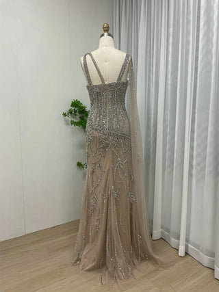 Ships in 1 to 3 Days - Stunning Beaded One-Shoulder Nude Evening Dress - Trendy Cape Sleeve High Split Gown for Wedding Guests in Dubai