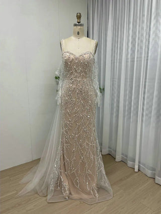 Ships in 1 to 3 Days - Sparkly Beaded Spaghetti Straps Mermaid Evening Dress - Sweetheart Neck Gown with Gloves for Arabic Wedding Guests