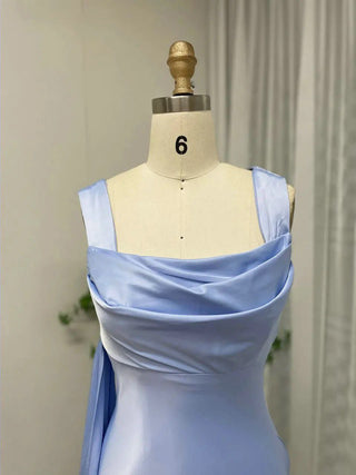 Light Blue Simple Mermaid Satin Evening Dress - Sexy Sleeveless Open Back Gown for Bridesmaids and Prom