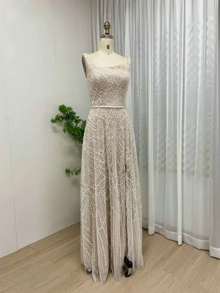 2024 Luxury Beaded A-Line Evening Dress - High Split Formal Party Gown with Exclusive Square Neck for Weddings and Prom