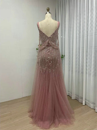 Ships in 1 to 3 Days - Exclusive Pink Arabic Evening Gown - Gorgeous V-Neck Mermaid Dress with Cape Sleeves and Beading for Wedding Parties