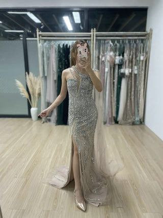 Ships in 1 to 3 Days - Stunning Beaded One-Shoulder Nude Evening Dress - Trendy Cape Sleeve High Split Gown for Wedding Guests in Dubai