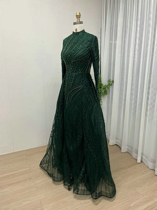 Green Muslim Long Sleeves Evening Dress - Modest High Neck Beaded Formal Gown for Wedding Parties