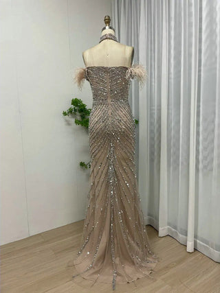 Ships in 1 to 3 Days - Nude Strapless Prom Dress - Exclusive High Split Beaded Feathers Evening Gown for Women’s Celebrity Parties in Dubai