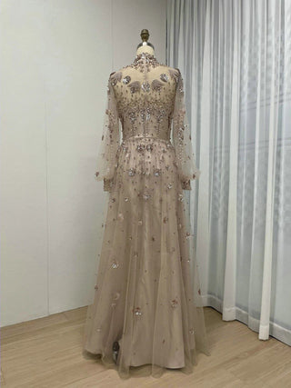 Muslim High Neck Long Sleeve Champagne Evening Dress - Gorgeous A-Line Beaded Mother of the Bride Gown