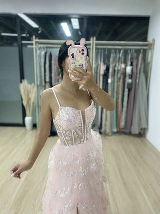 2024 Pink Lace Corset Spaghetti Straps A-Line Evening Gown - Stunning Ruffles and Split Formal Party Dress for Special Events