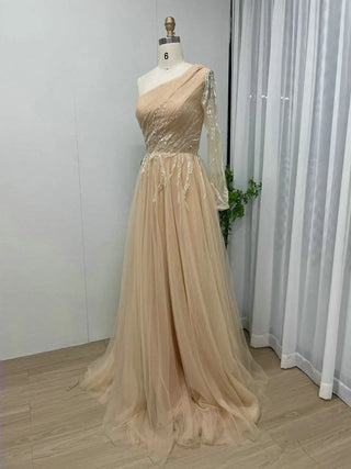 Exclusive Gold A-Line Tulle Evening Dress - One-Shoulder Shiny Sequin Gown for Birthday Parties and Wedding Guests in Dubai