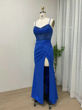 Royal Blue Spaghetti Straps Evening Gown - High Slit Crystal Diamonds Prom Party Dress with Lace-Up Back for Women