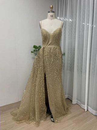 Green Luxury Mermaid High Split Evening Dress - Exclusive Beaded Spaghetti Straps Prom Gown for Women