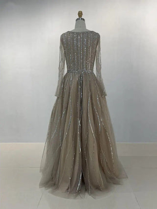 Gorgeous Champagne A-Line Princess Dress - Elegant Long Sleeves Tulle Gown for Muslim Wedding Guests and Bride Parties in 2024