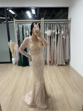 Champagne Mermaid Evening Dress - Luxury Beaded Tulle Ball Gown with Long Sleeves for Women’s Wedding Parties