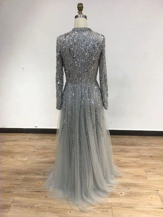 2024 Grey A-Line Evening Ball Gown - Gorgeous Long Sleeves Arabic Elegant High Neck Beaded Muslim Wedding Party Dress