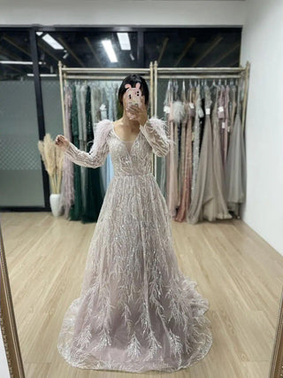 Ships in 1 to 3 Days - 2024 Gorgeous Pink Beaded Feathers Long Sleeves Mother of the Bride Dress - Elegant A-Line Evening Gown for Women’s Parties