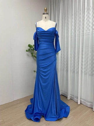 Royal Blue Off-Shoulder Satin Mermaid Gown with High Slit – Elegant Formal Dress for Weddings & Special Occasions