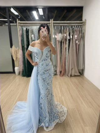 Ships in 1 to 3 Days -  2024 Blue Mermaid Evening Gown - Luxury Beaded Wedding Guest Dress with Side Train and Off-Shoulder Design for Women’s Parties