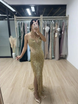 Ships in 1 to 3 Days - Dubai Silver Mermaid Evening Gown 2024 with Gold Beaded Tassel - Luxury Spaghetti Strap Party Dress for Women