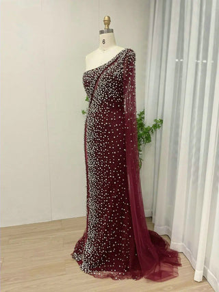 Wine Glitter Mermaid Evening Gown - One-Shoulder Cape Sleeve Formal Dress with Crystal Rhinestones for Women’s Parties