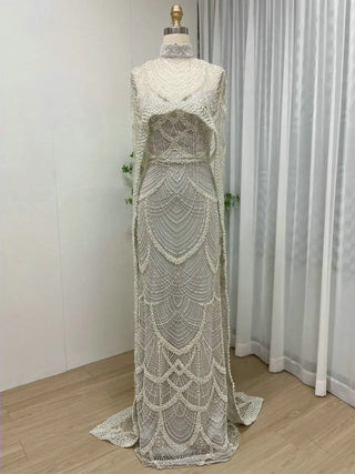 Luxury Grey High Neck Mermaid Evening Gown - Beaded Celebrity Dress with Cape and Strapless Two-Piece Set for Dubai Events