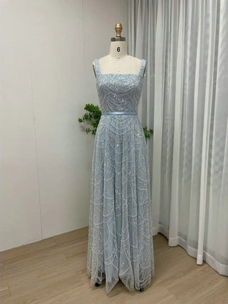 Champagne Square Neck A-Line Wedding Party Dress - Stunning Sleeveless Open Back Beaded Evening Gown with Belt