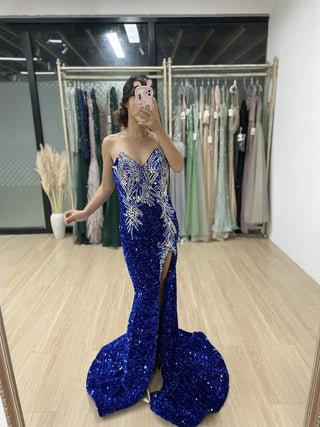 Sexy Strapless Royal Blue Prom Dress - Stunning Front Slit Bodycon Evening Gown with Shiny Sequin and Padded Design for Women