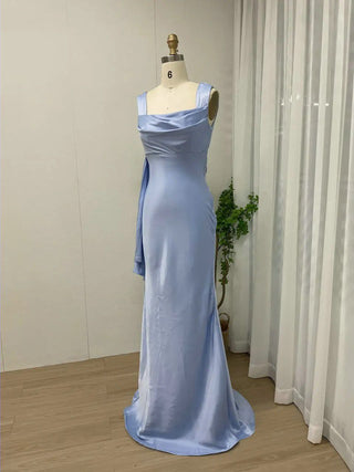 Light Blue Simple Mermaid Satin Evening Dress - Sexy Sleeveless Open Back Gown for Bridesmaids and Prom