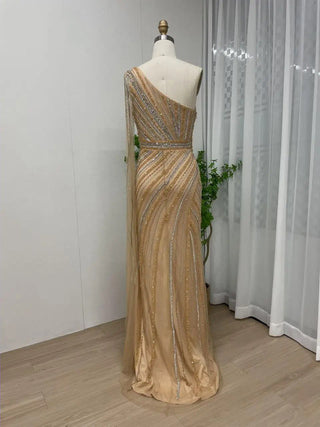 Ships in 1 to 3 Days - Luxury Gold One-Shoulder Mermaid Gown with Cape – Beaded Split Evening Dress for Weddings & Celebrity Parties 2024