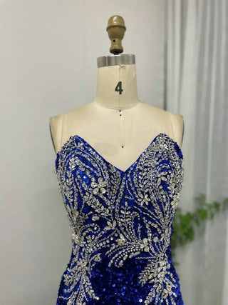 Sexy Strapless Royal Blue Prom Dress - Stunning Front Slit Bodycon Evening Gown with Shiny Sequin and Padded Design for Women