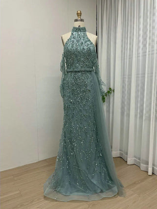 Ships in 1 to 3 Days - Sexy Nude Halter Neck Sleeveless Evening Dress - Luxury Beaded Mermaid Gown with Gloves for Arabic Wedding Guests