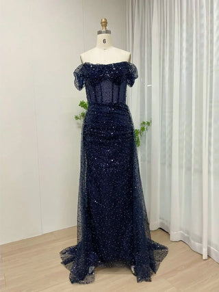 Stunning Off-Shoulder Pleated Mermaid Blue Evening Gown - Gorgeous Shiny Sequin Prom Dress with Boning for Women’s Parties